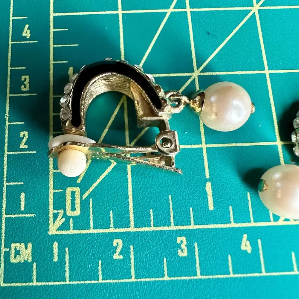 Vintage goldtone, black enamel, rhinestones, and faux pearl clip-on earrings